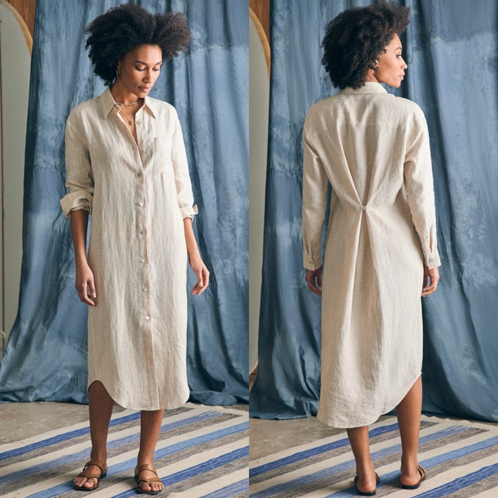 Faherty Laguna Linen Stripe Midi Dress Golden Sun Stripe